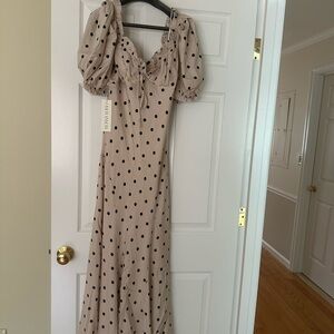 Ronny Kobo Collection Beige Maxi Dress with Black Polka Dots and Puff Sleeves